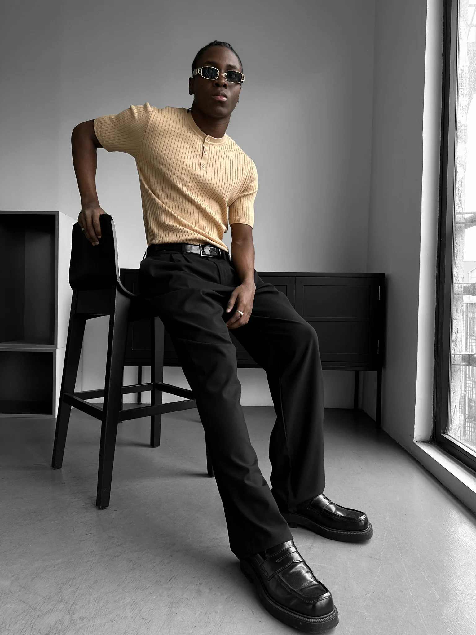 Slim Fit Button Knit T-shirt - Beige - Image 4
