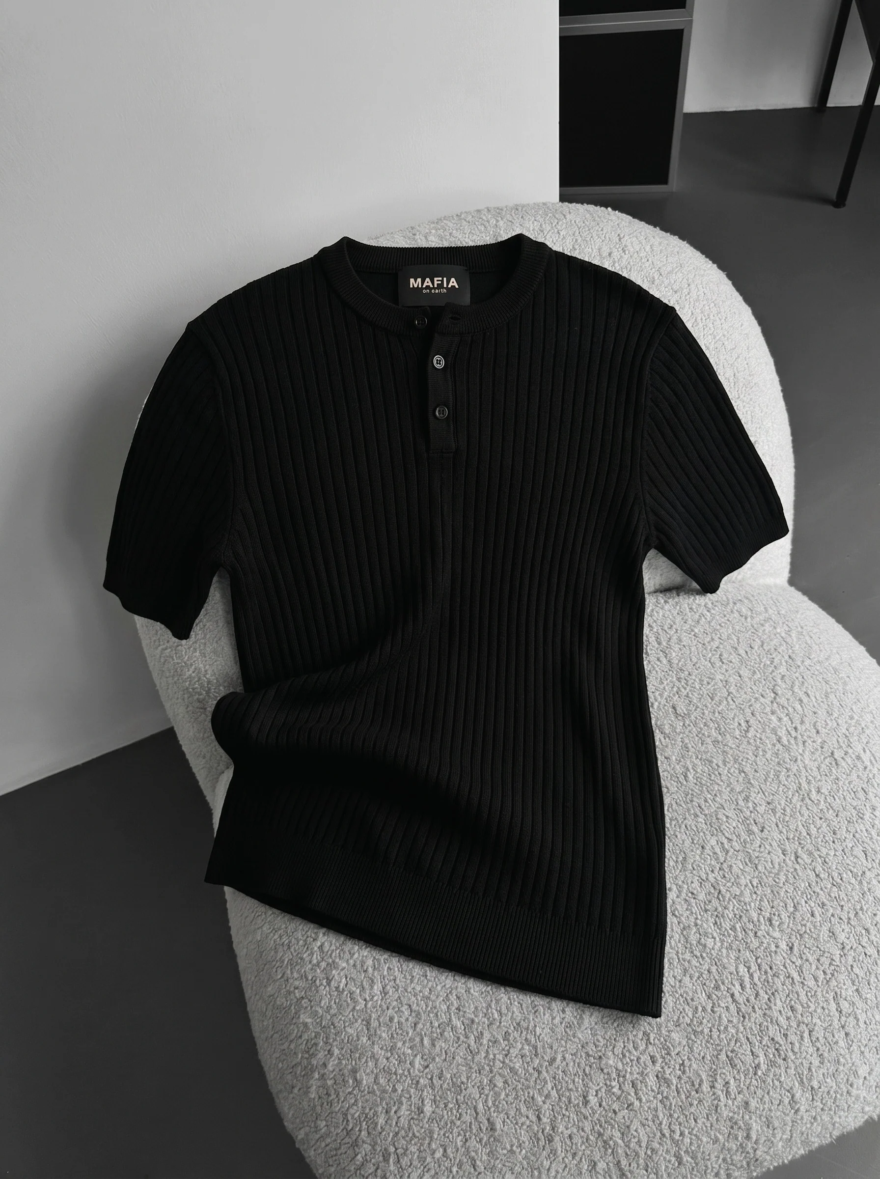 Slim Fit Button Knit T-shirt - Black