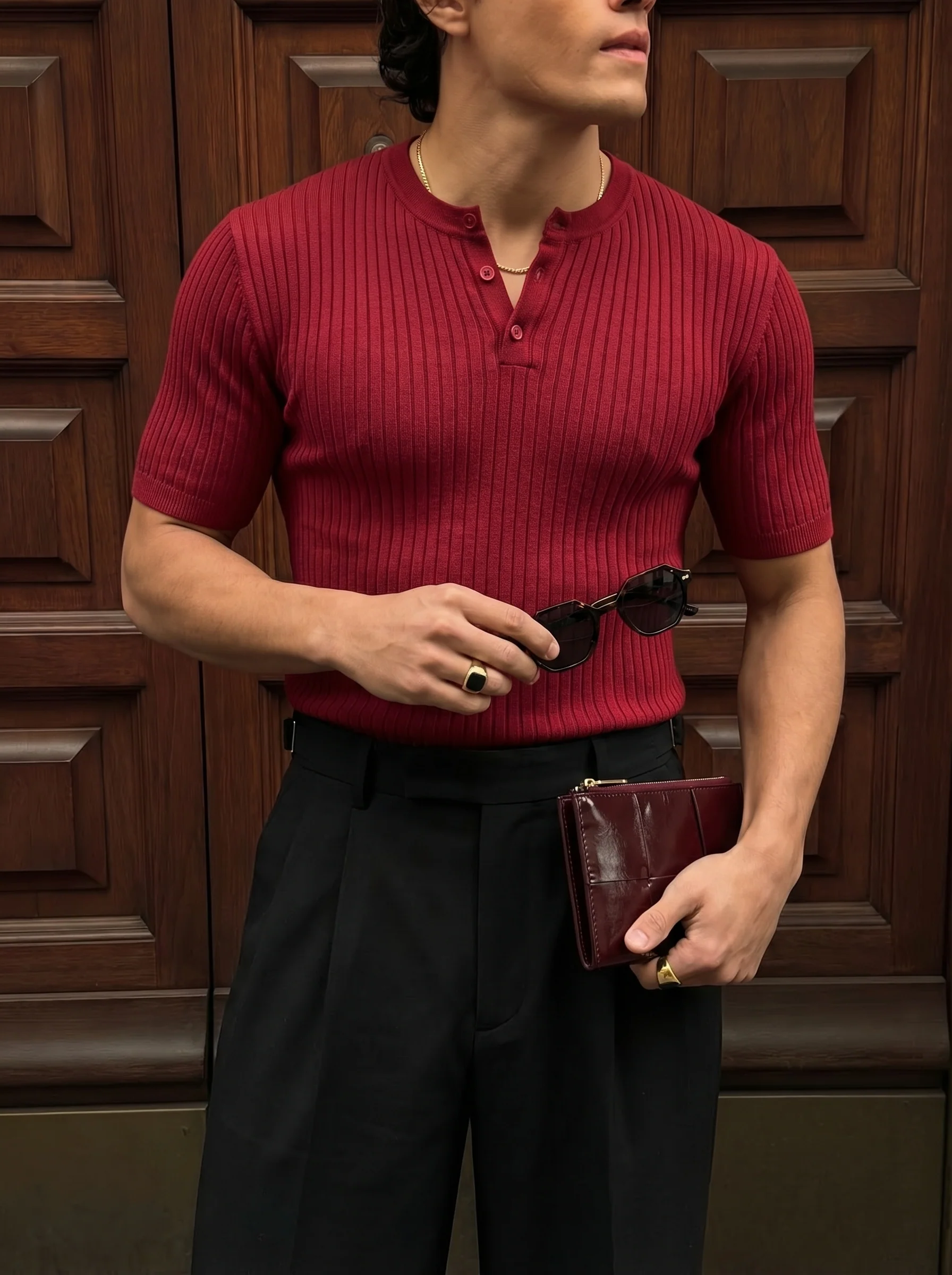 Slim Fit Button Knit T-shirt - Bordeaux