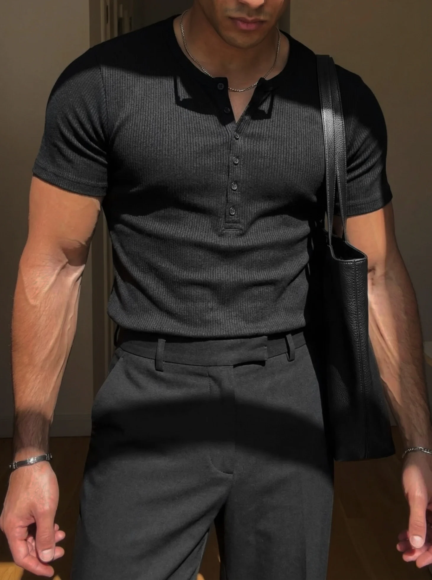 Slim Fit Button T-shirt - Black - Image 2