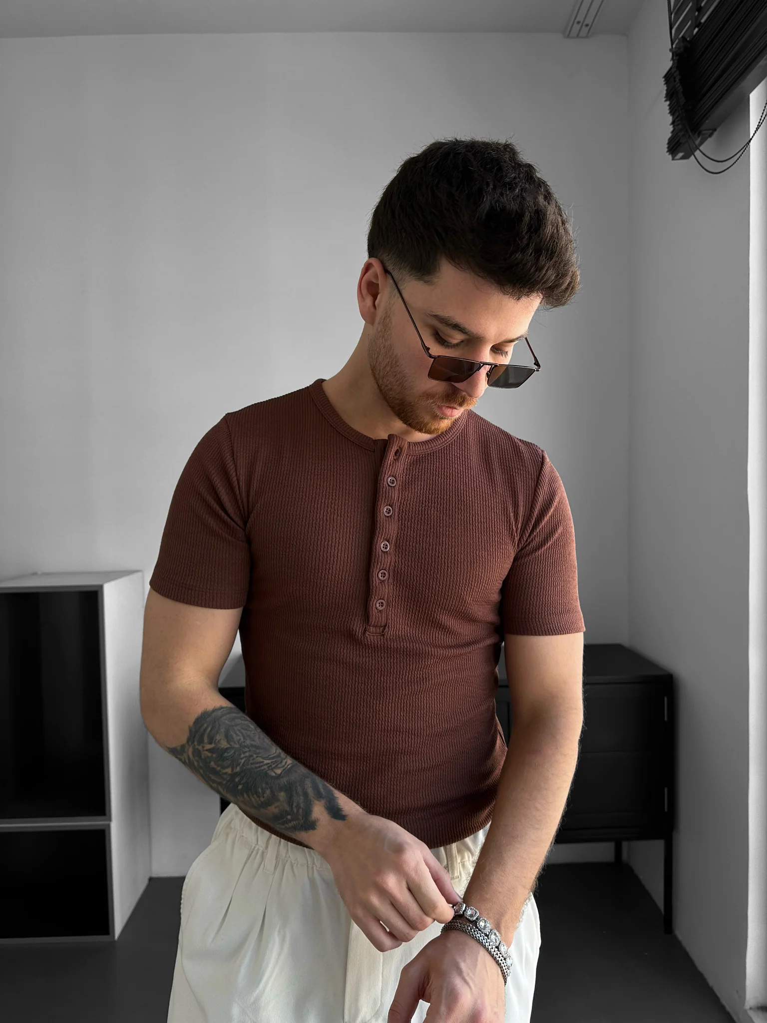 Slim Fit Button T-shirt - Brown - Image 2