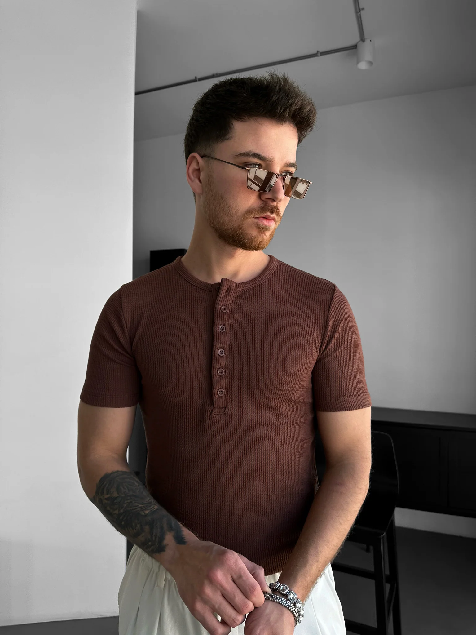 Slim Fit Button T-shirt - Brown - Image 3