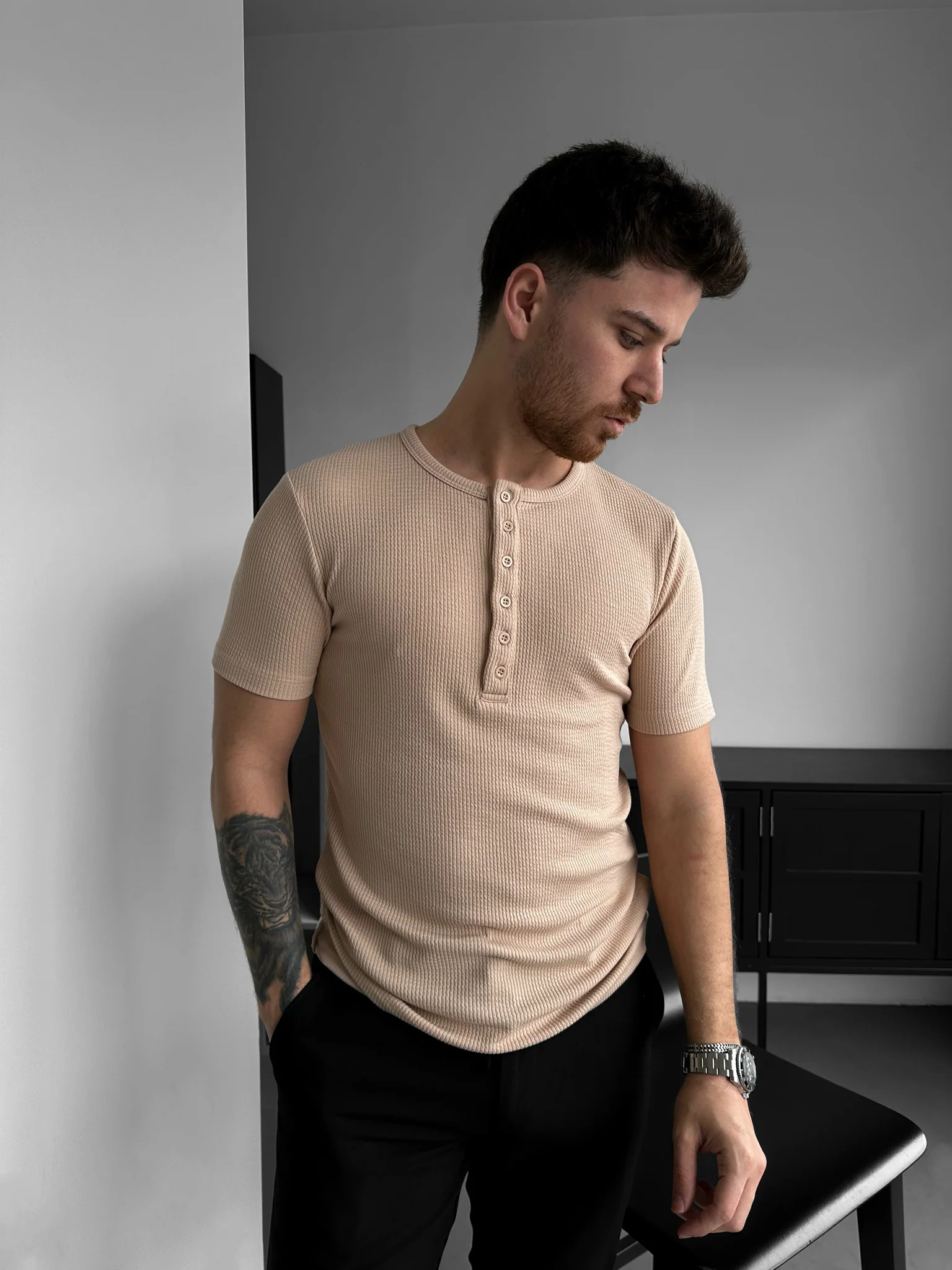 Slim Fit Button T-shirt - Cream