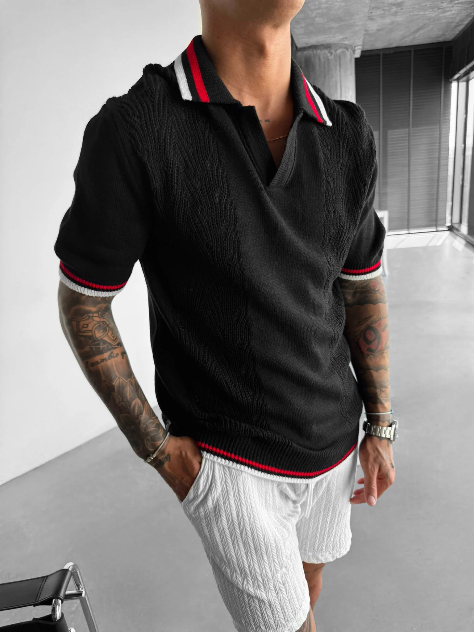 Slim Fit Detail Knit Polo T-Shirt - Black - Image 2