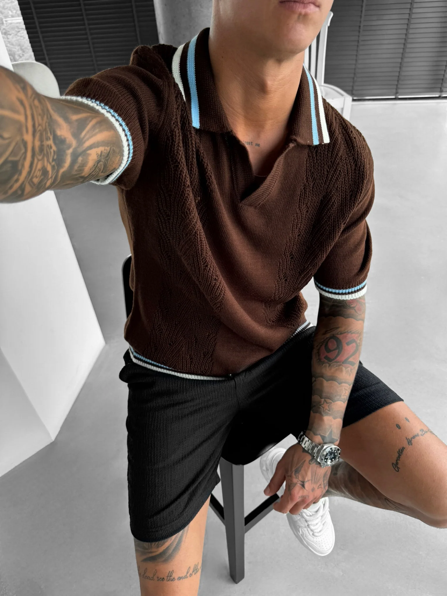 Slim Fit Detail Knit Polo T-Shirt - Brown - Image 4