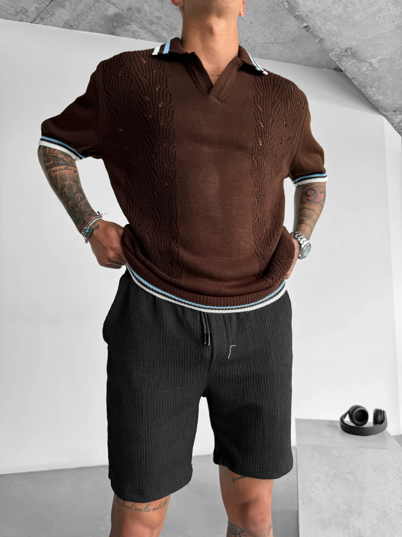 Slim Fit Detail Knit Polo T-Shirt - Brown - Image 5