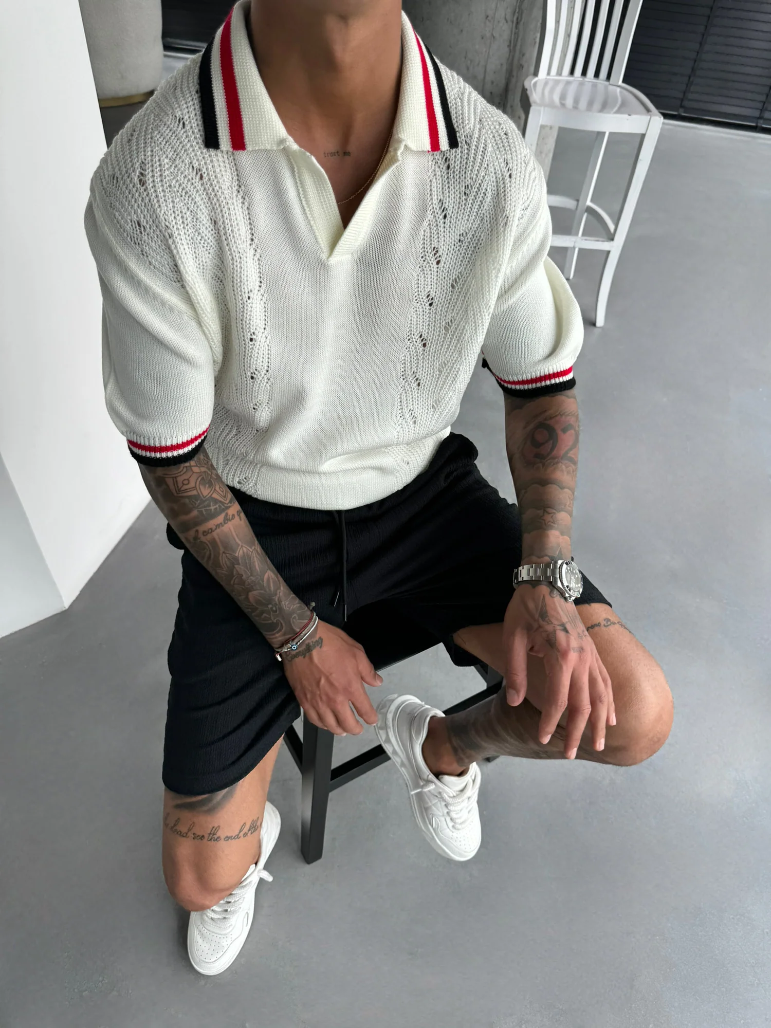 Slim Fit Detail Knit Polo T-Shirt - Ecru - Image 5