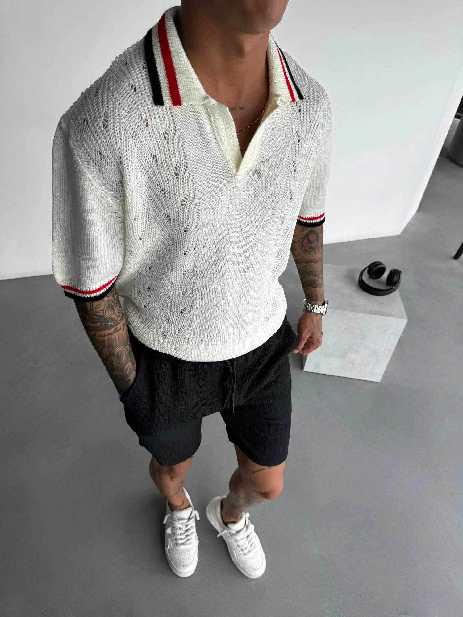 Slim Fit Detail Knit Polo T-Shirt - Ecru - Image 6