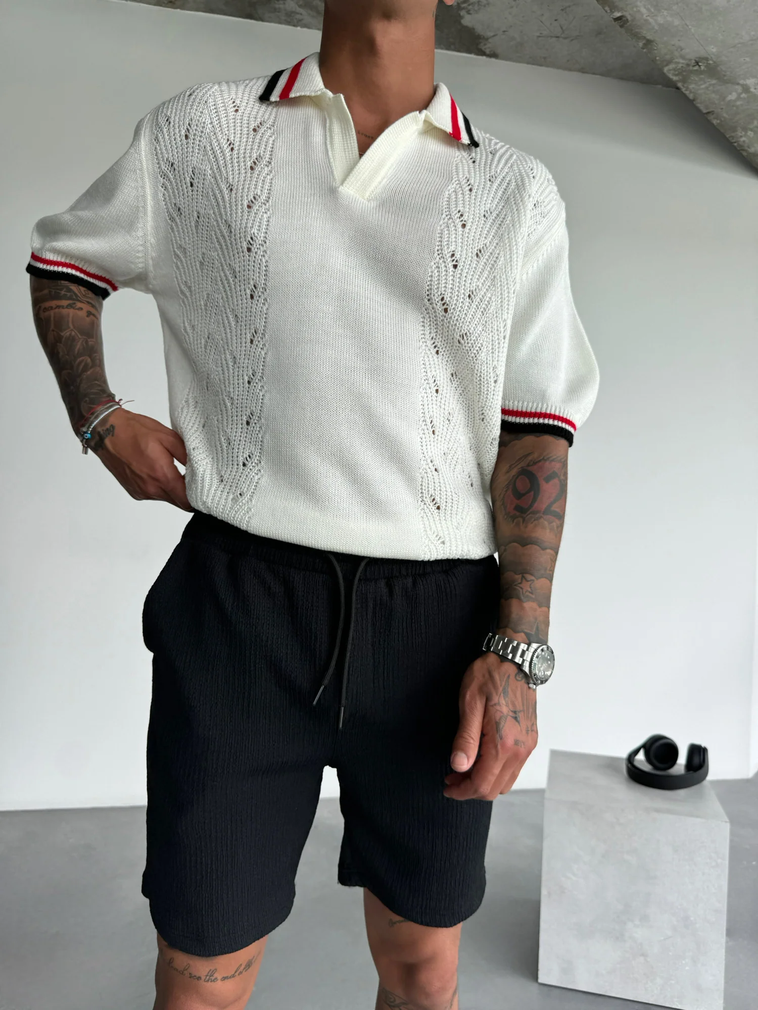 Slim Fit Detail Knit Polo T-Shirt - Ecru - Image 7