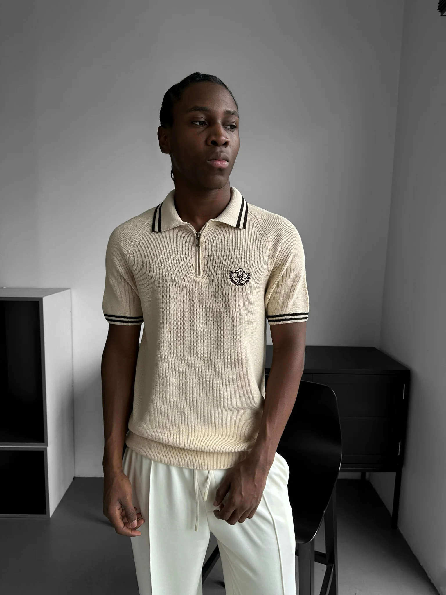 Slim Fit Half-Zip Embroidered Polo T-shirt - Beige - Image 3