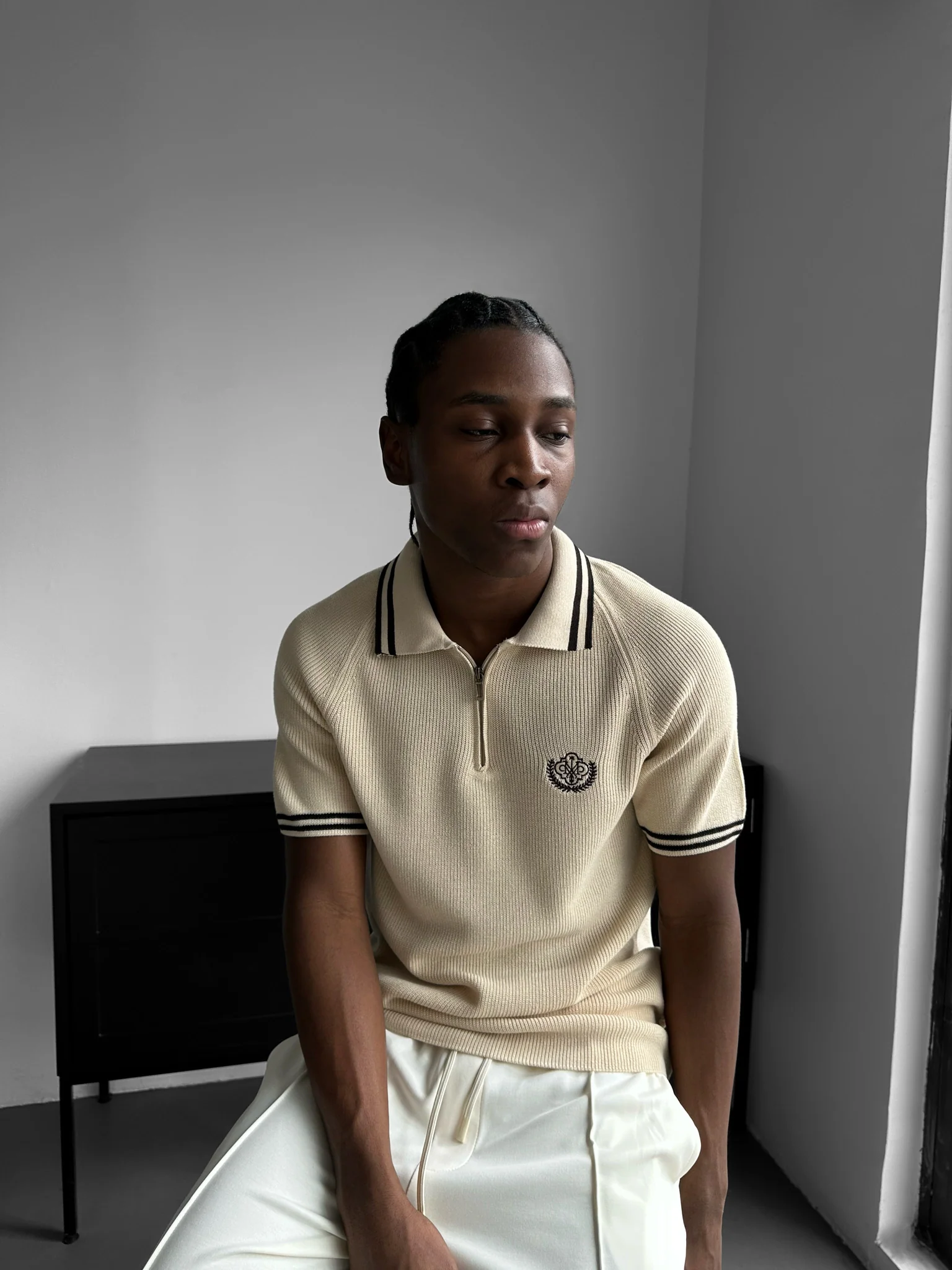 Slim Fit Half-Zip Embroidered Polo T-shirt - Beige - Image 4