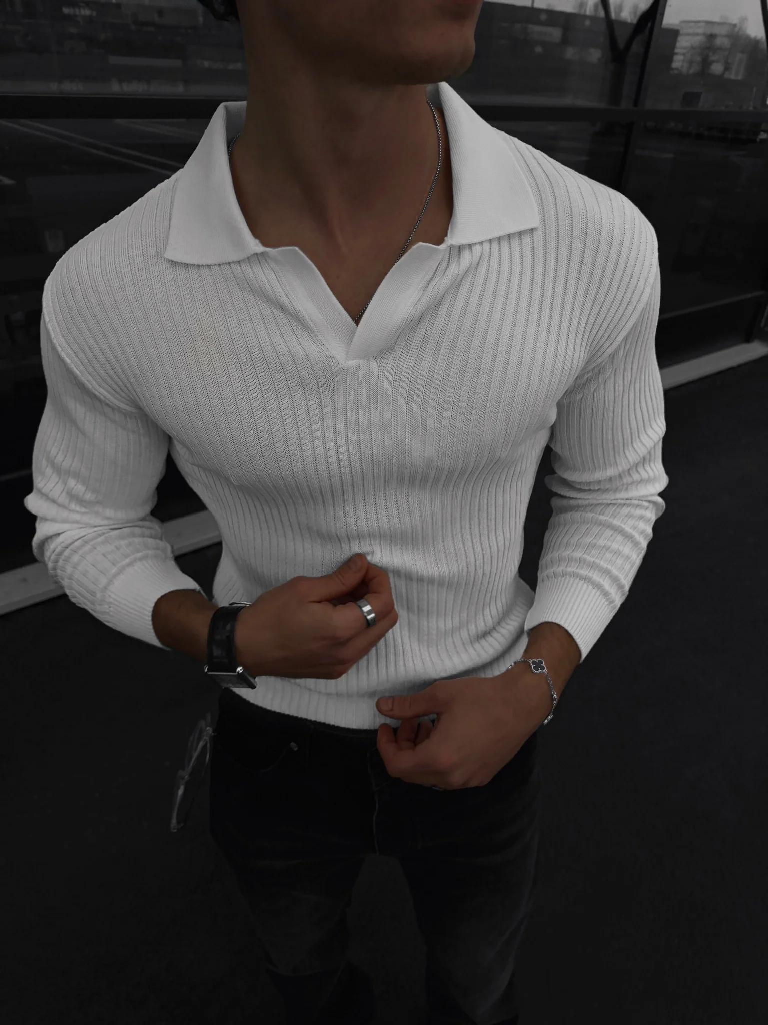 Slim Fit Knit Polo Sweater - Ecru