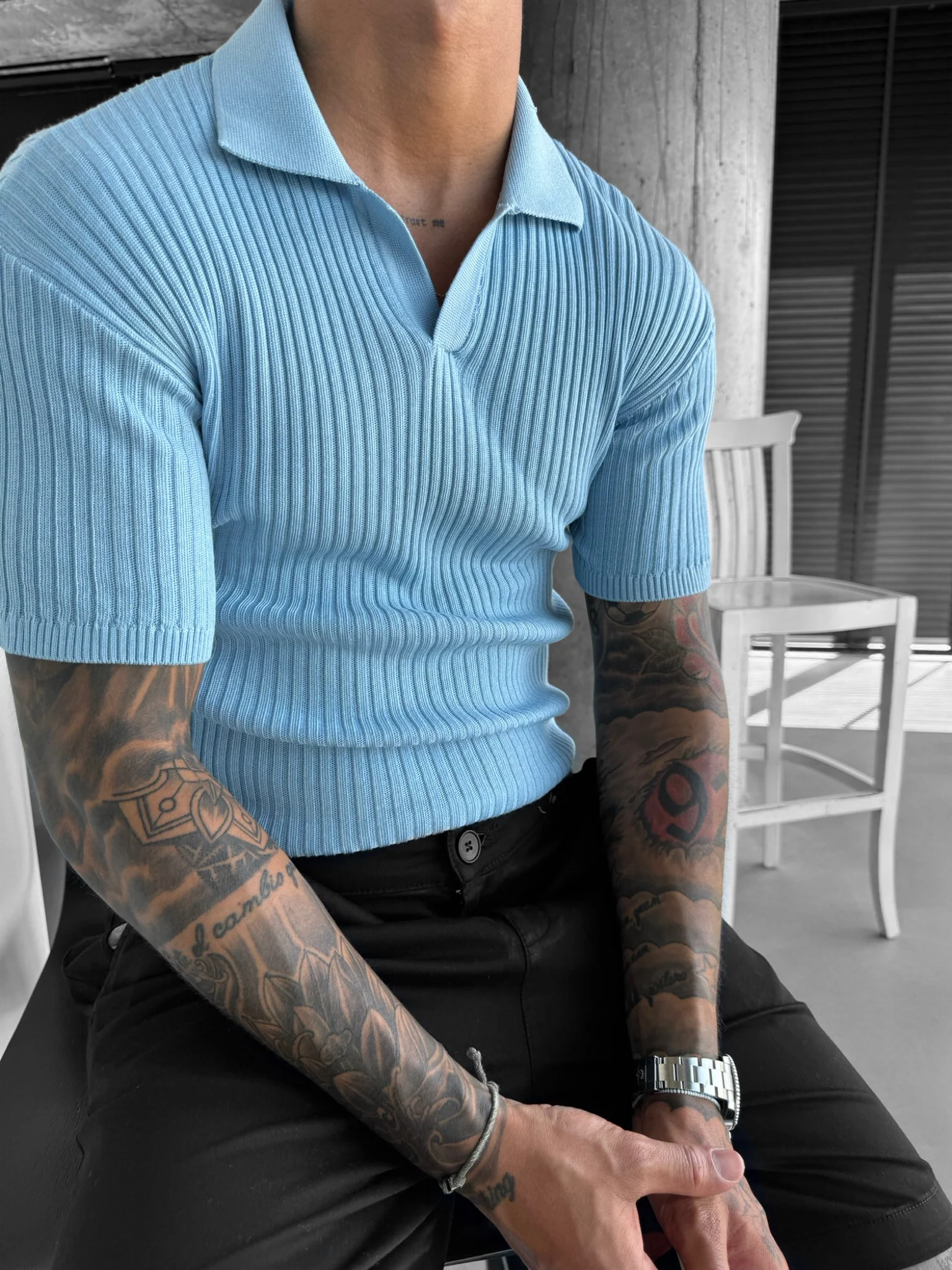 Slim Fit Knit Polo T-Shirt - Babyblue - Image 3