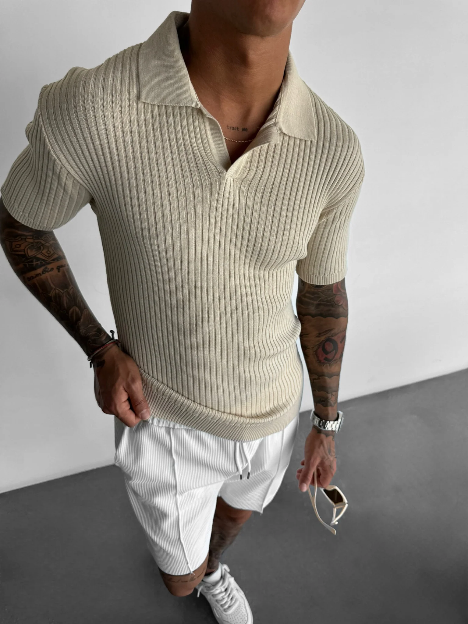 Slim Fit Knit Polo T-Shirt - Beige - Image 3