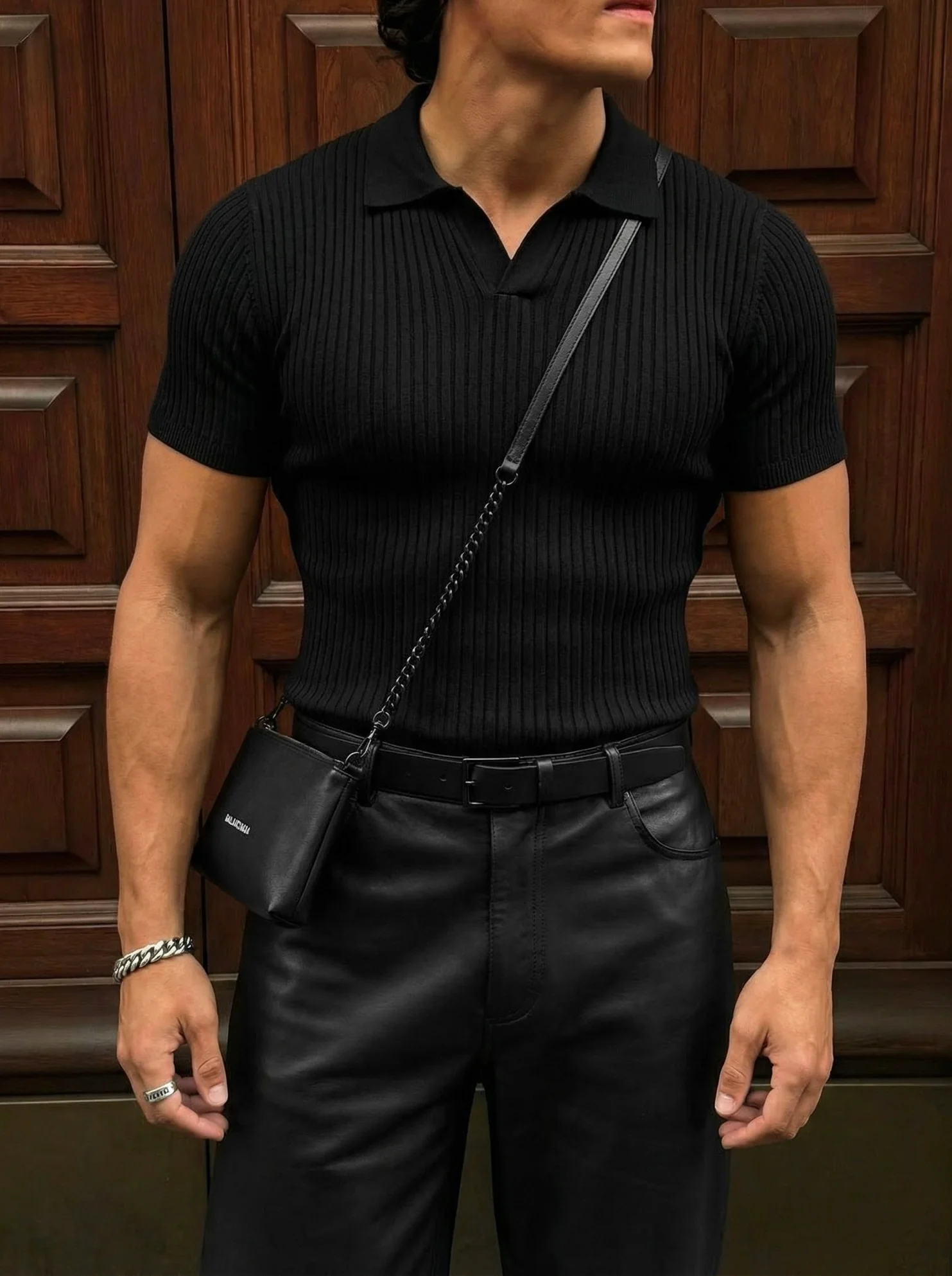 Slim Fit Knit Polo T-Shirt - Black