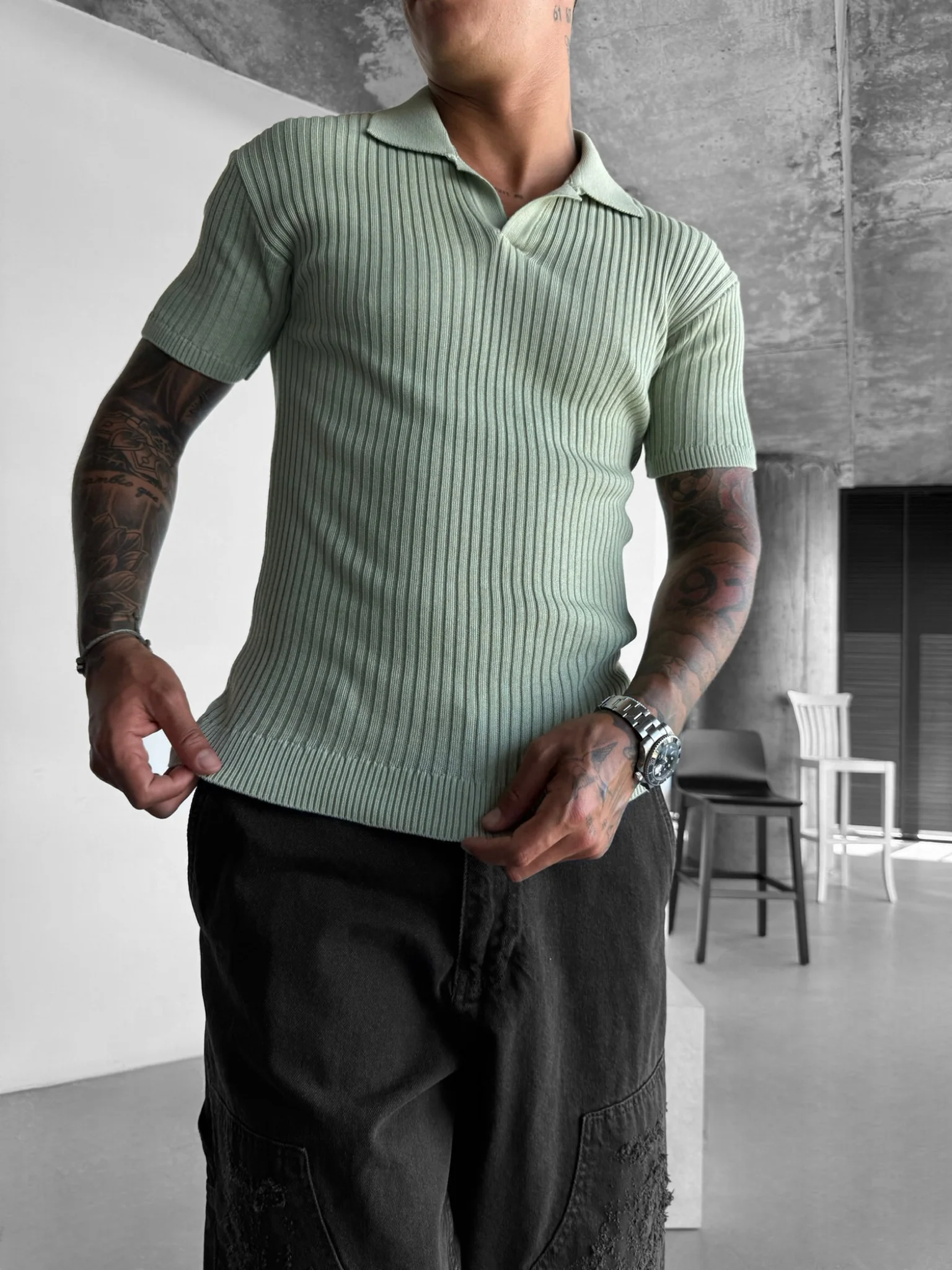 Slim Fit Knit Polo T-Shirt - Mint - Image 6