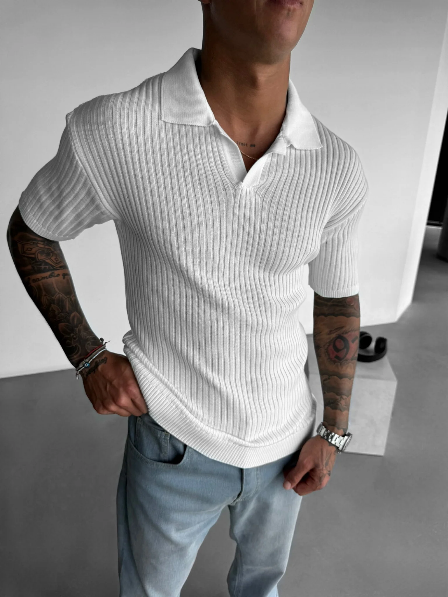 Slim Fit Knit Polo T-Shirt - White - Image 3