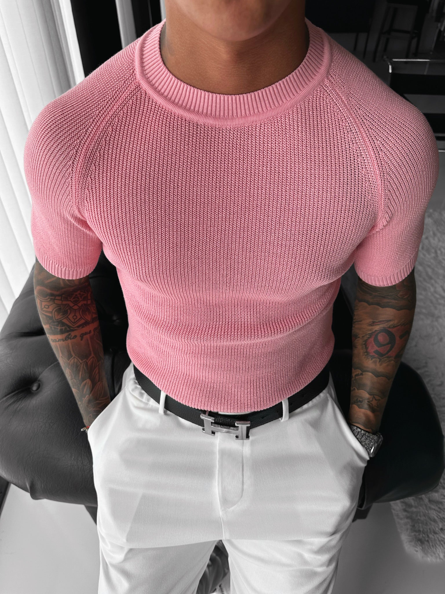 Slim Fit Knit T-shirt - Powder