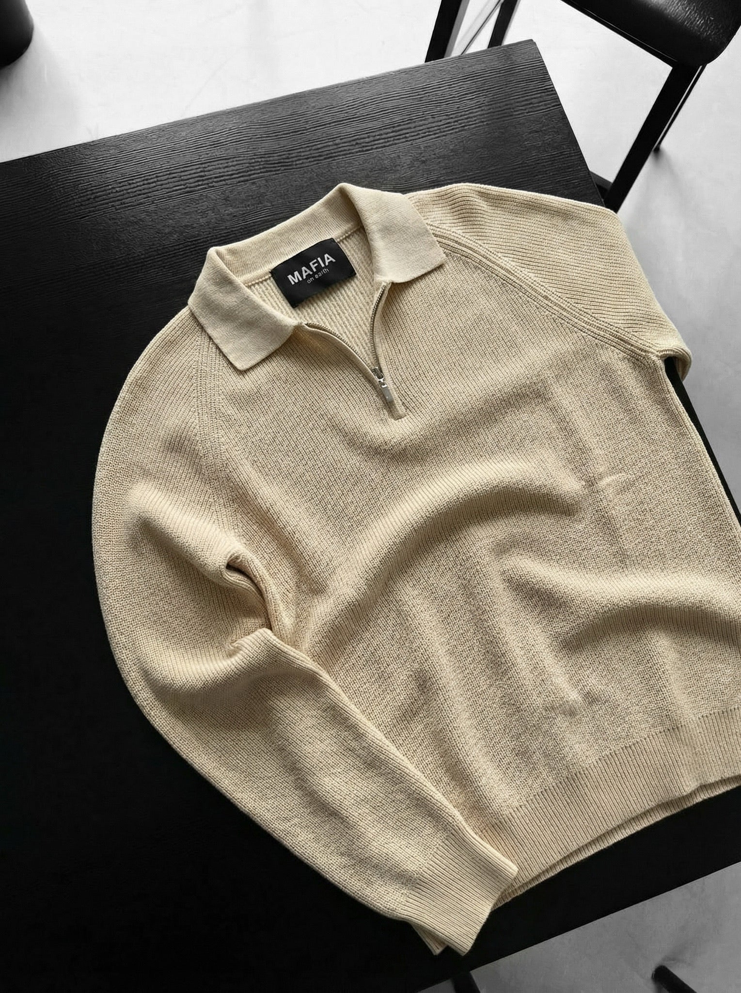 Slim Fit Knit Zipper Polo Sweater - Beige