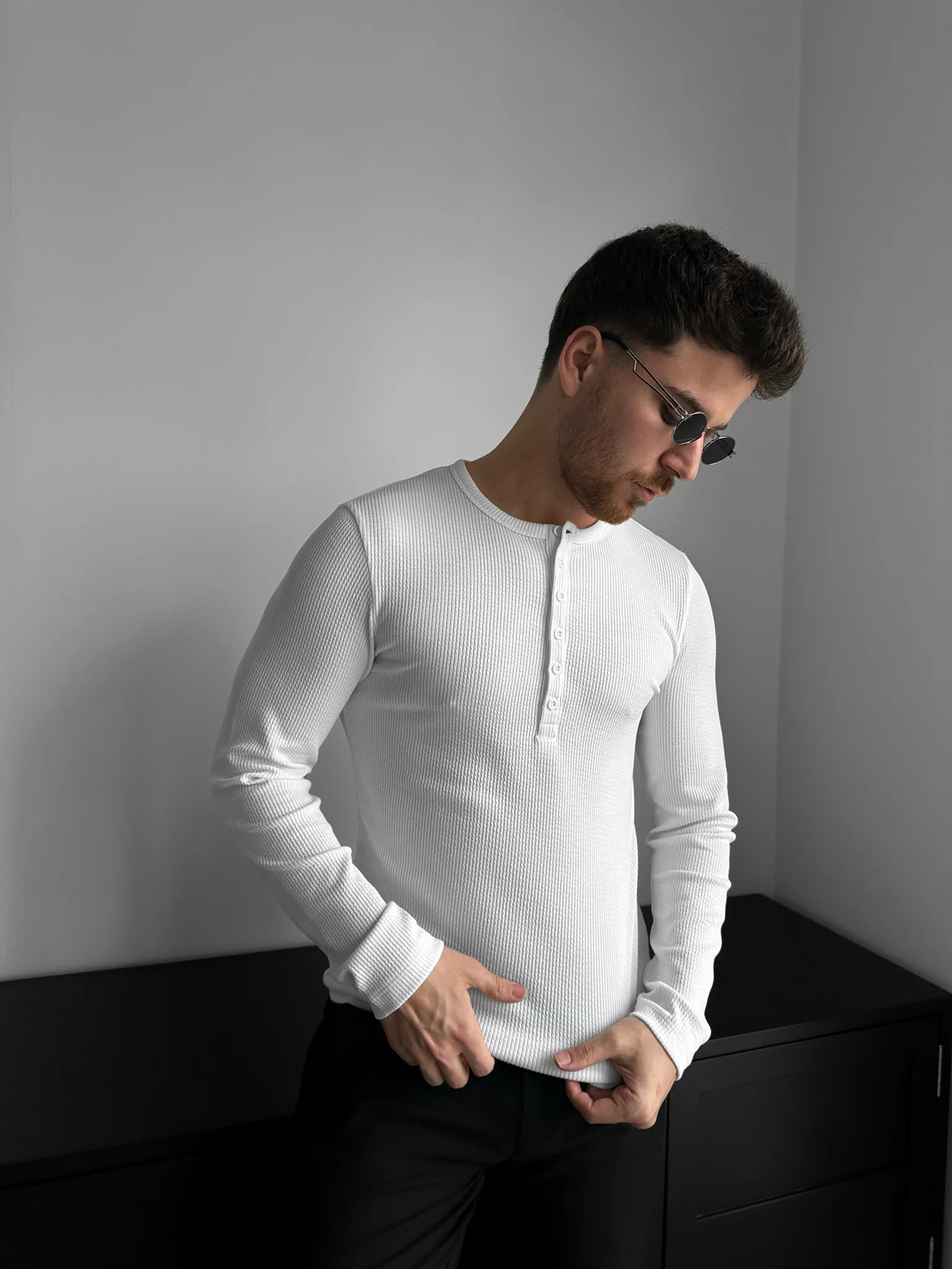 Slim Fit Long Arm Button T-shirt - Ecru - Image 2
