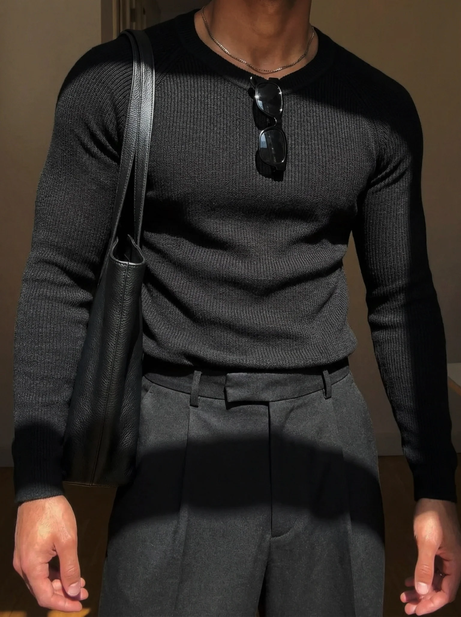 Slim Fit Thin Knit Sweater - Black