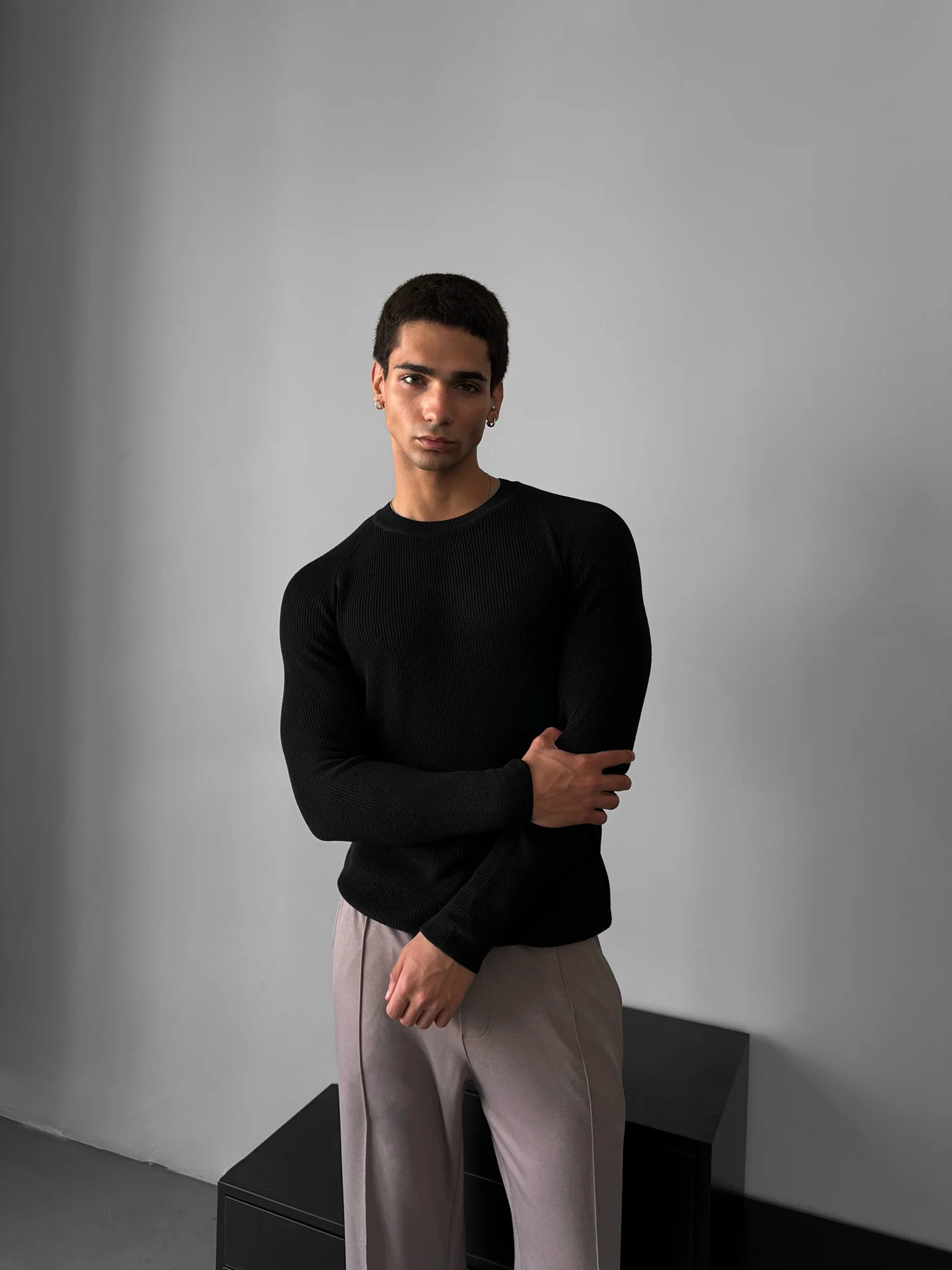 Slim Fit Thin Knit Sweater - Black - Image 4