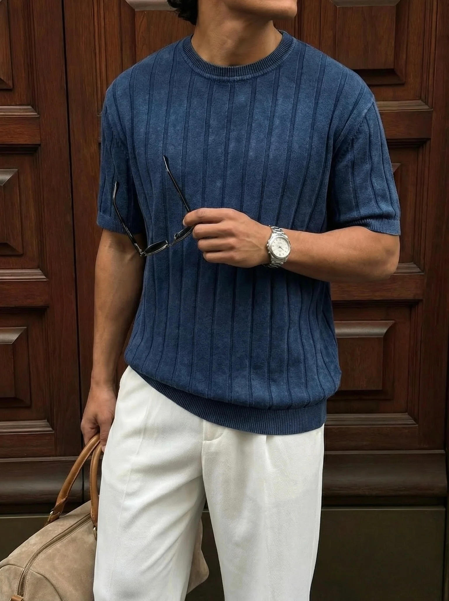 Slim Fit Washed Lines Knit T-Shirt - Blue