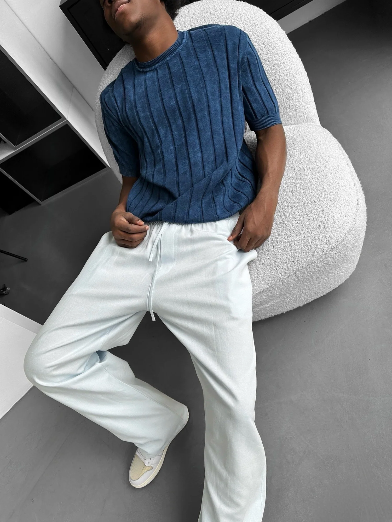 Slim Fit Washed Lines Knit T-Shirt - Blue - Image 4