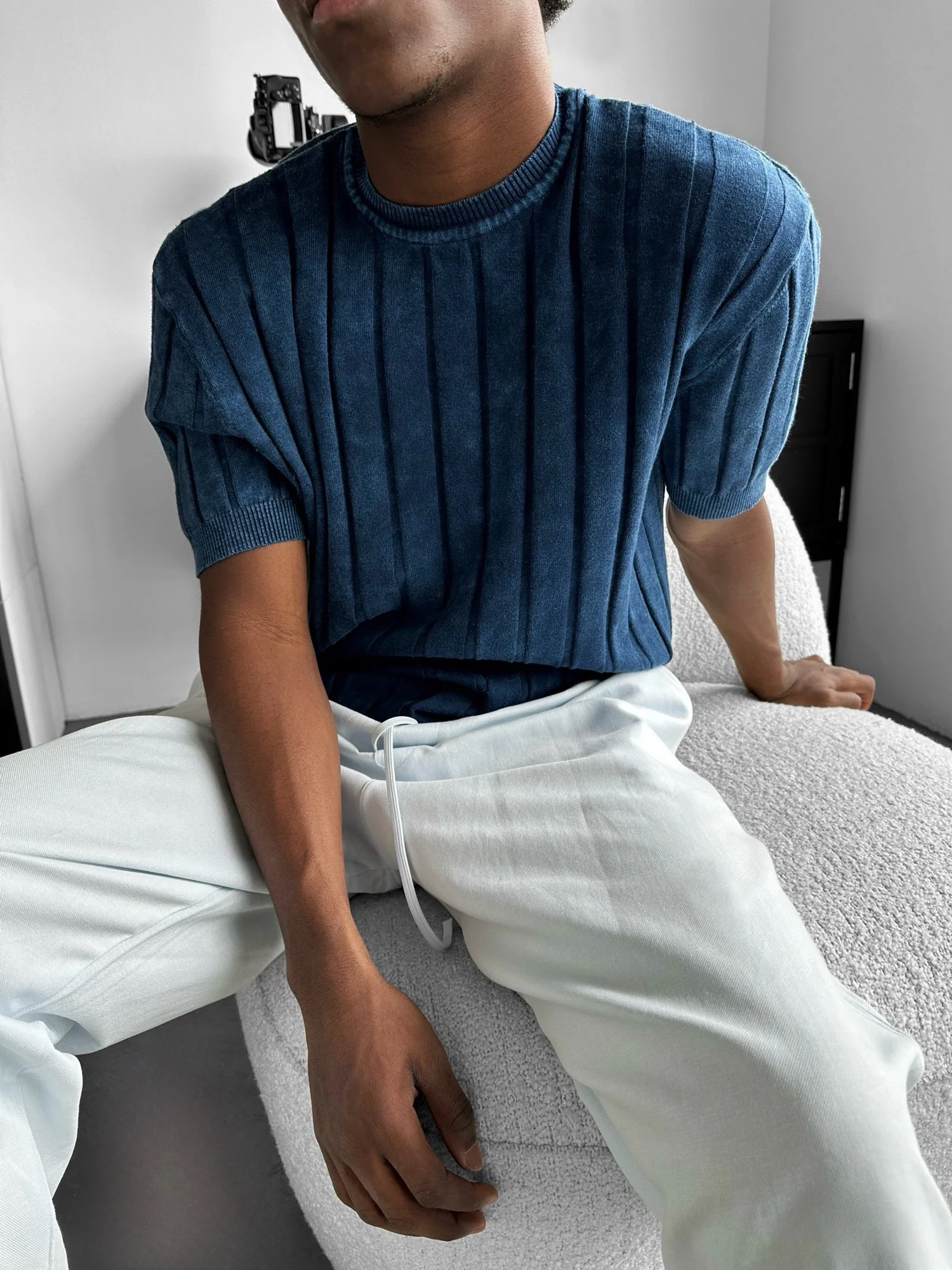 Slim Fit Washed Lines Knit T-Shirt - Blue - Image 5