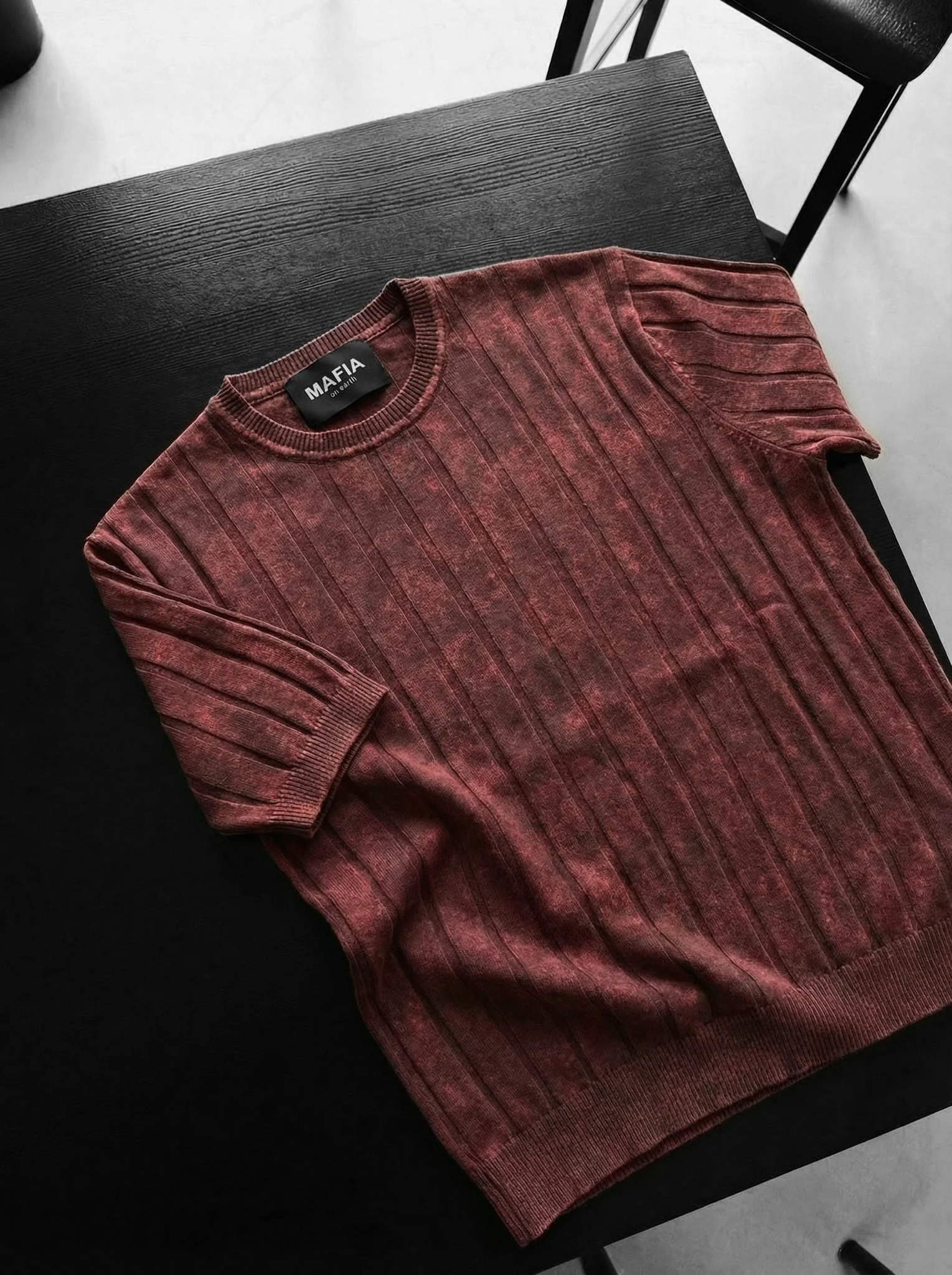 Slim Fit Washed Lines Knit T-Shirt - Bordeaux