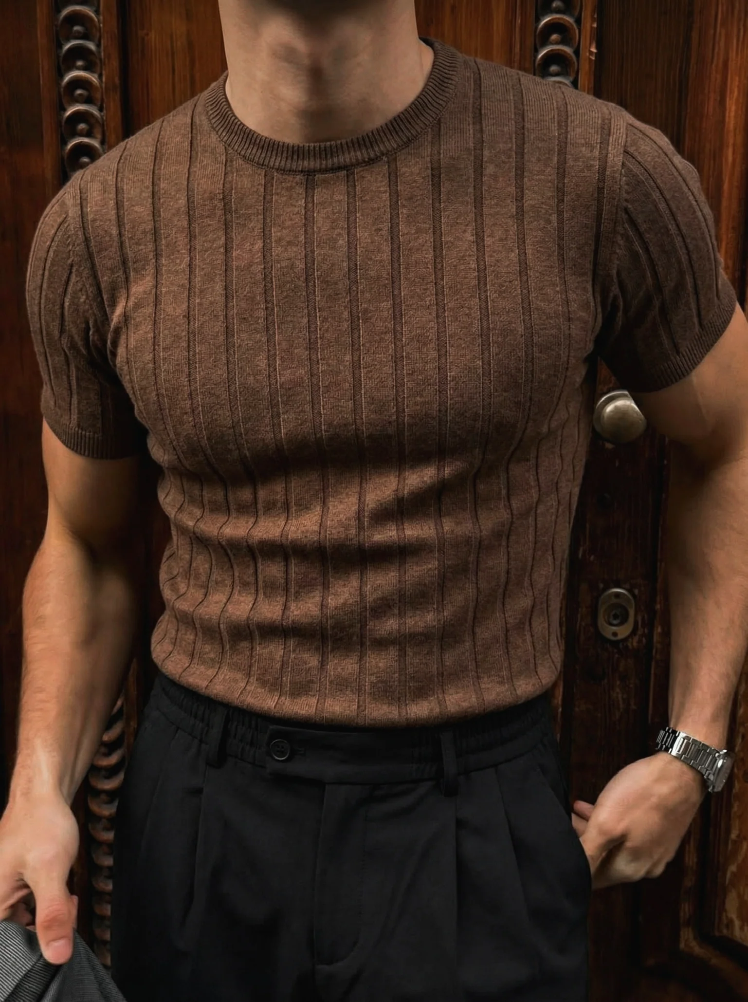 Slim Fit Washed Lines Knit T-Shirt - Brown