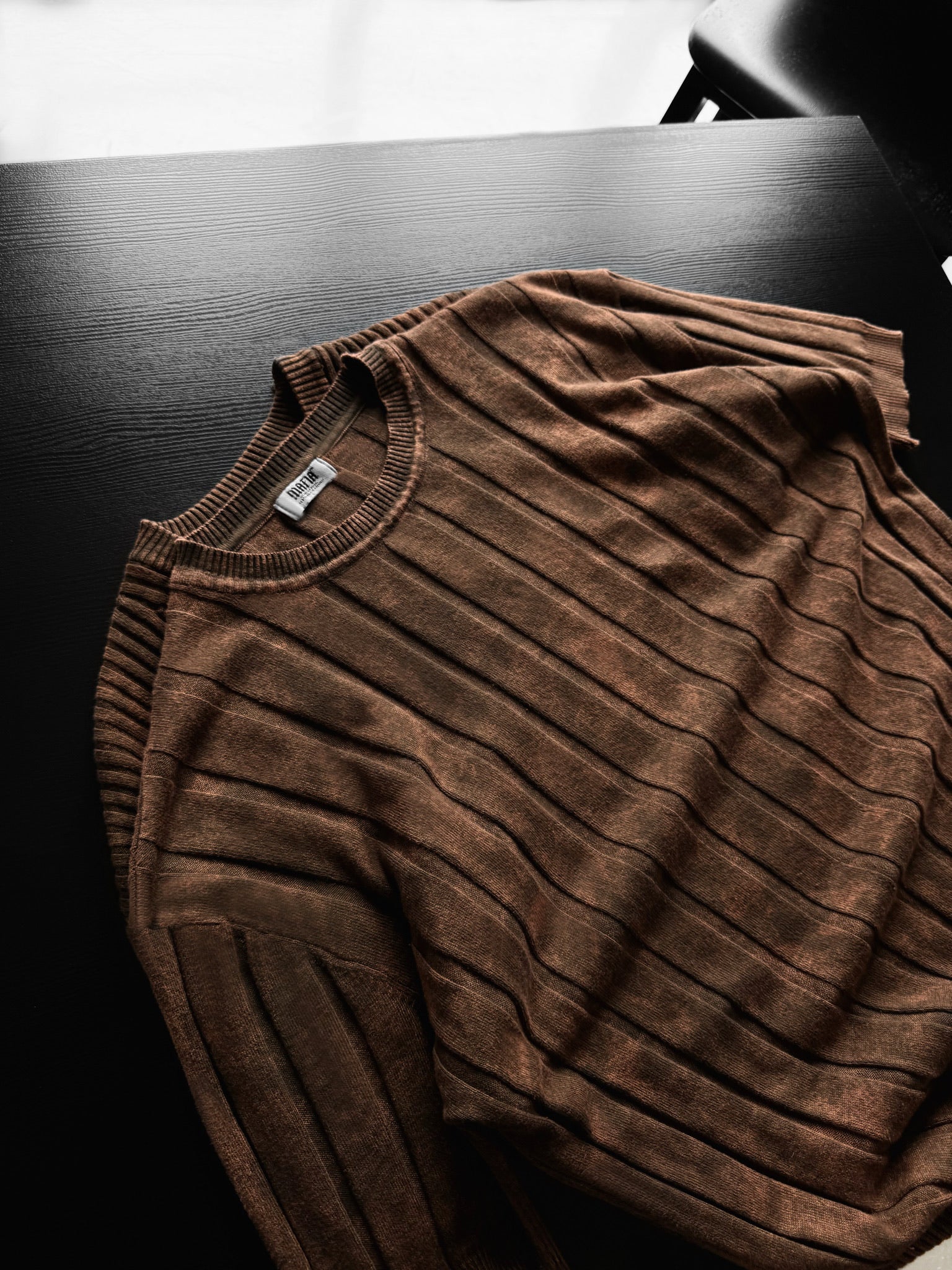Slim Fit Washed Lines Knit T-Shirt - Brown - Image 2