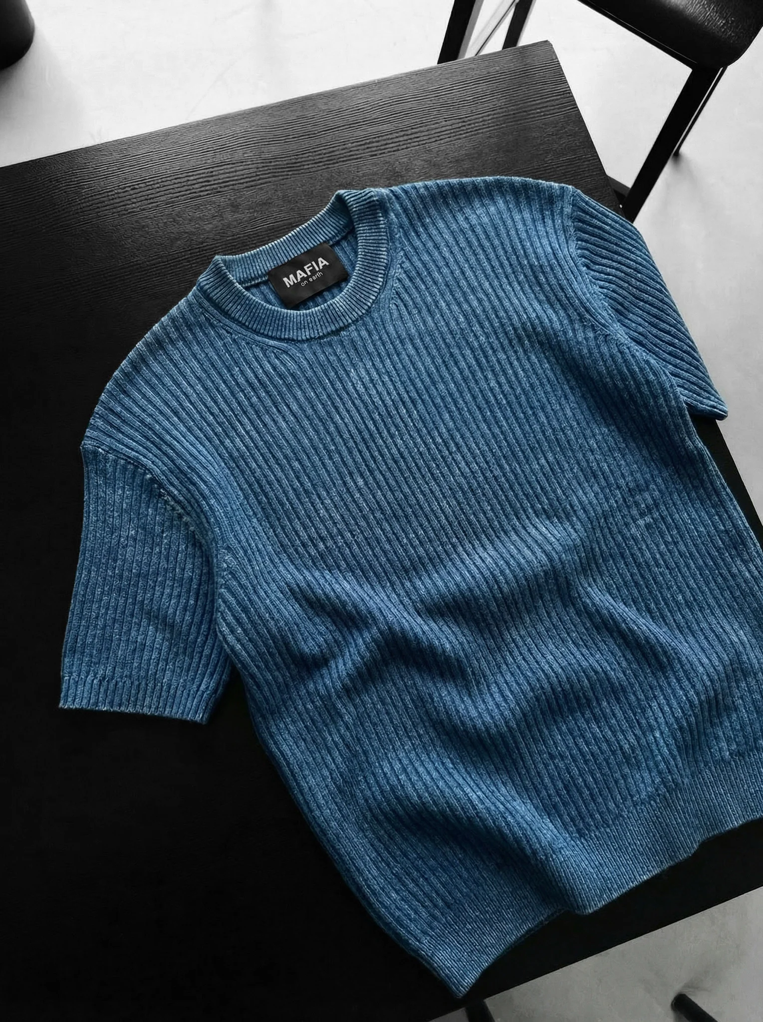 Slim Fit Washed Thin Lines Knit T-Shirt - Blue