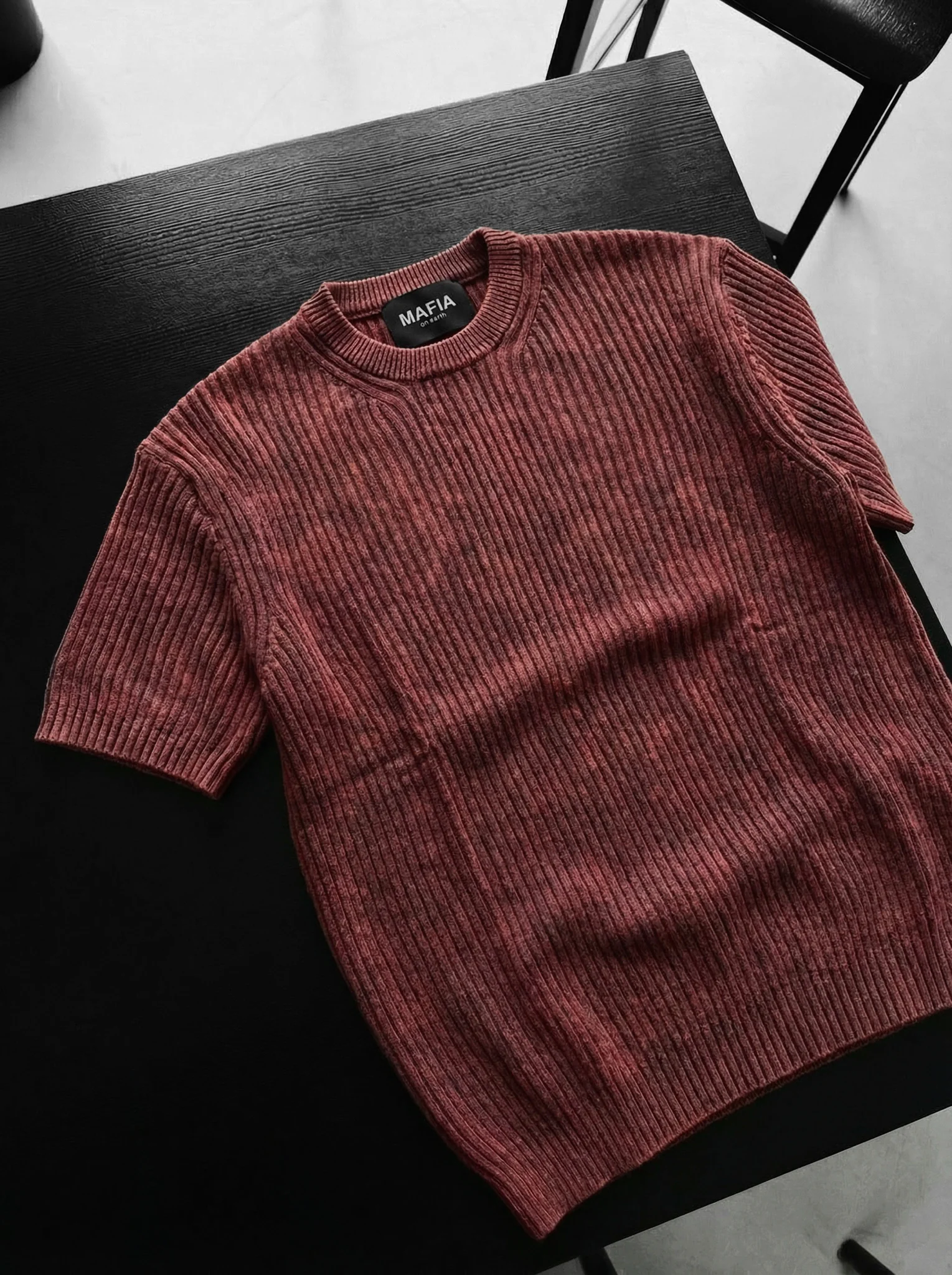 Slim Fit Washed Thin Lines Knit T-Shirt - Bordeaux