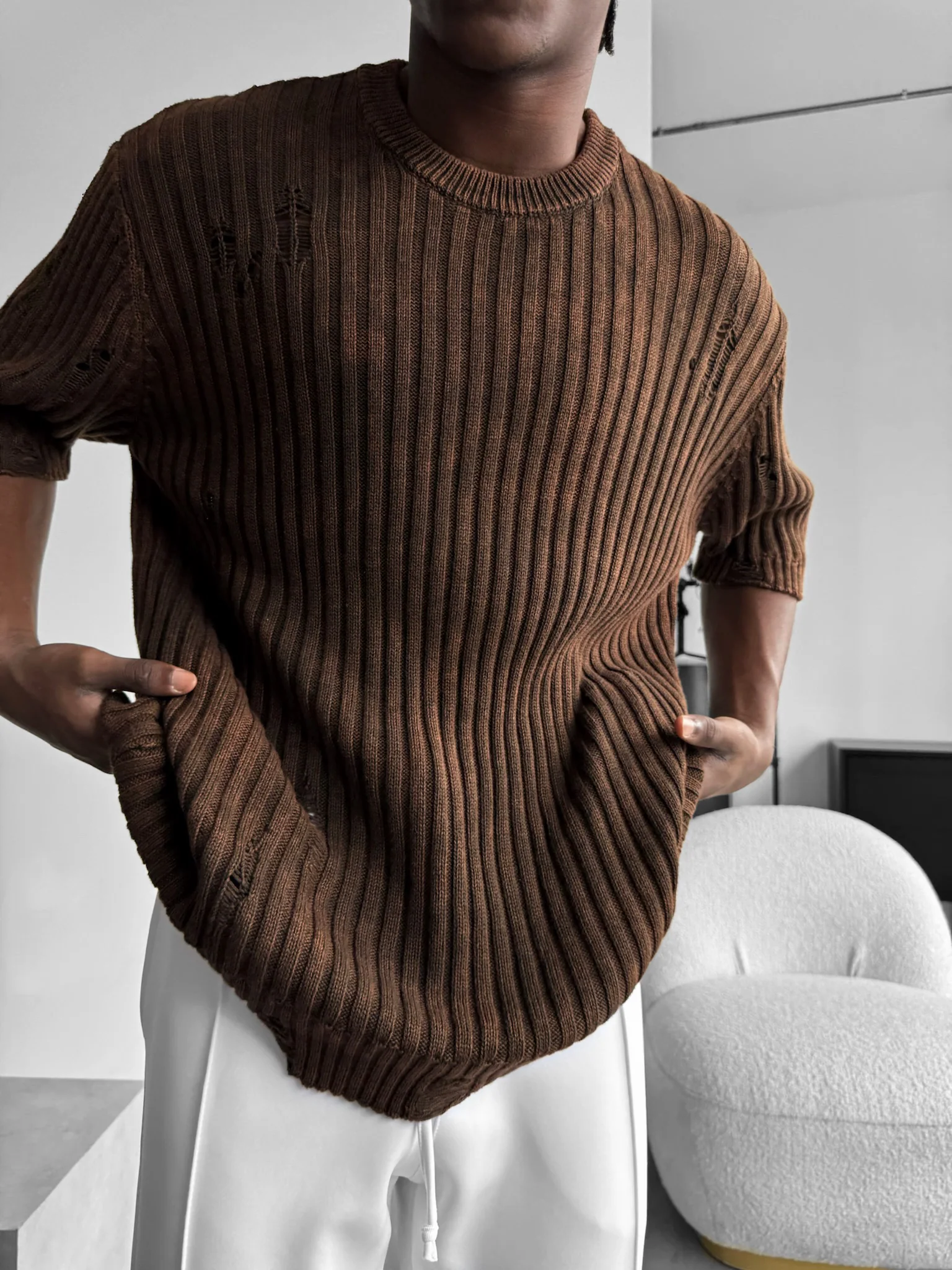 Slim Fit Washed Thin Lines Knit T-Shirt - Brown - Image 2