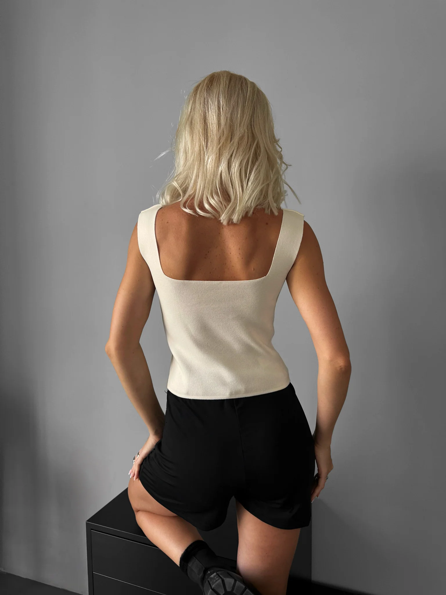 Square Neck Knit Top - Beige - Image 2