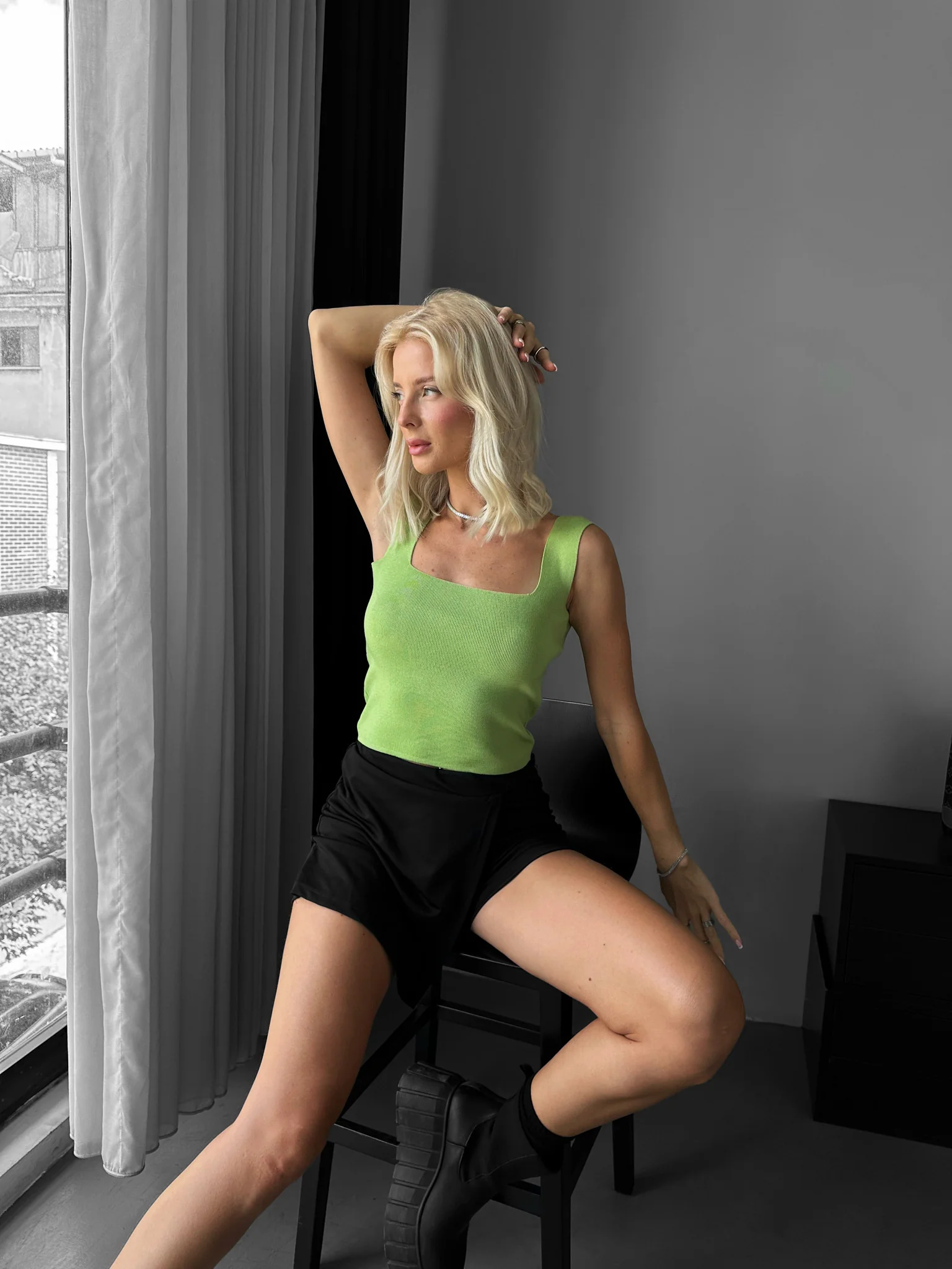 Square Neck Knit Top - Light Green - Image 3
