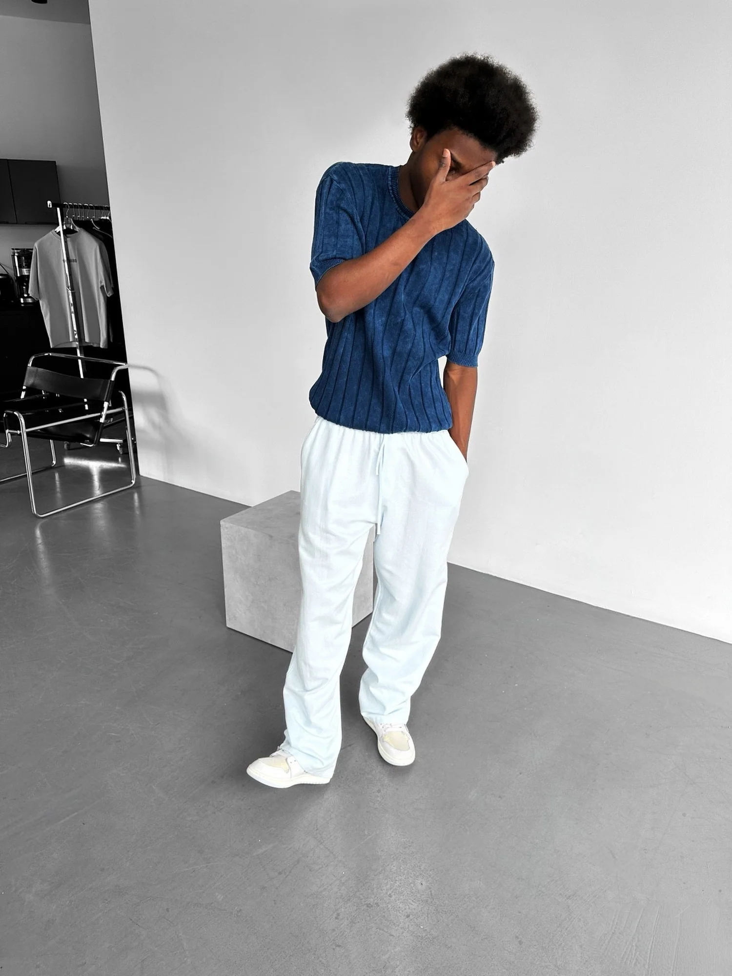 Straight Cut Mixed Fabric Trousers - Babyblue - Image 2
