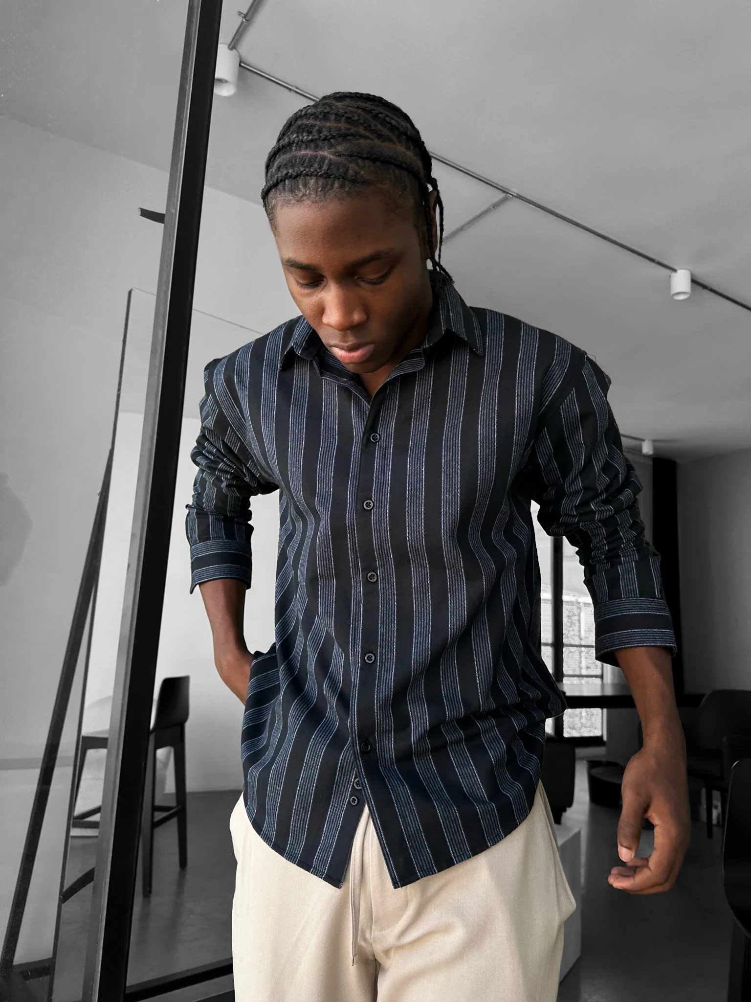 Thick Striped Winter Shirt - Navy Blue