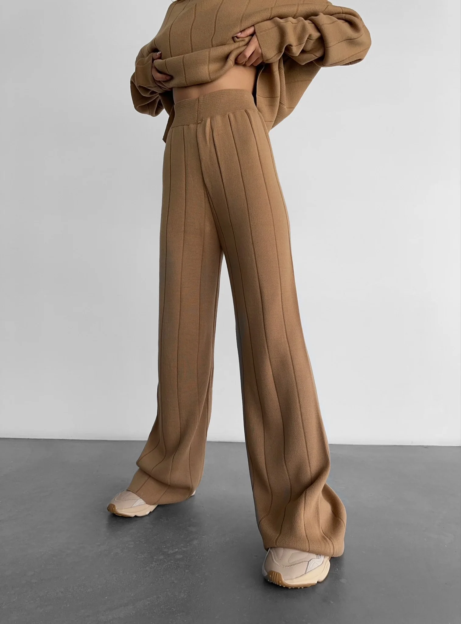 Wide Leg Knit Textured Trousers - Brown - Image 3
