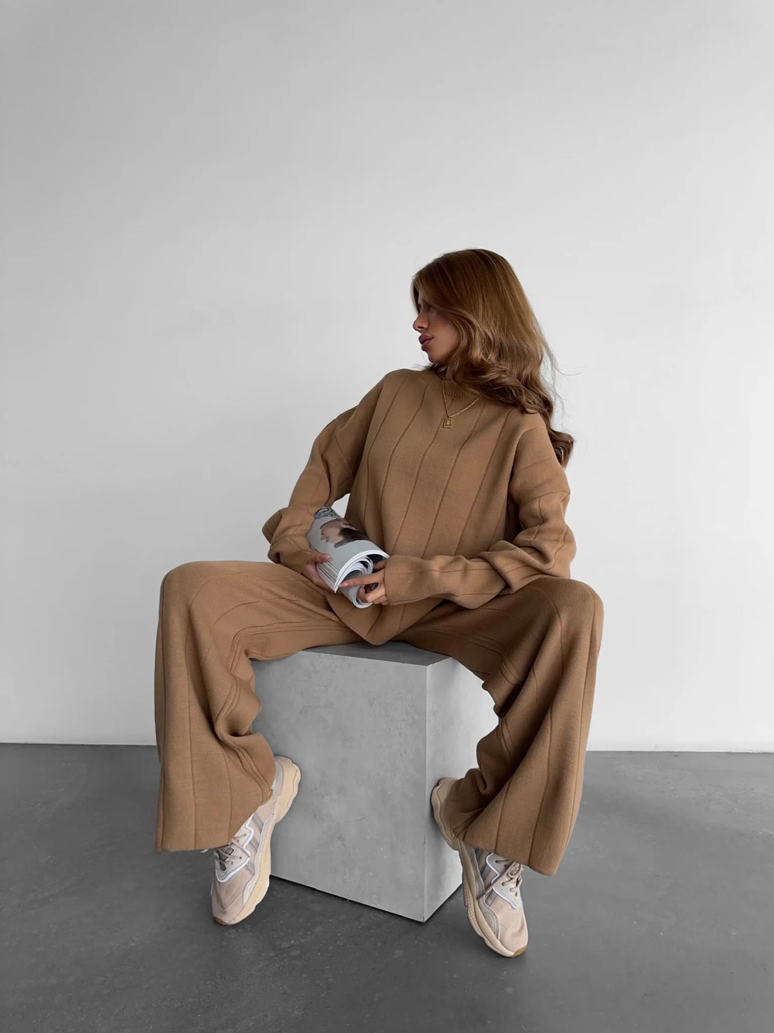 Wide Leg Knit Textured Trousers - Brown - Image 4