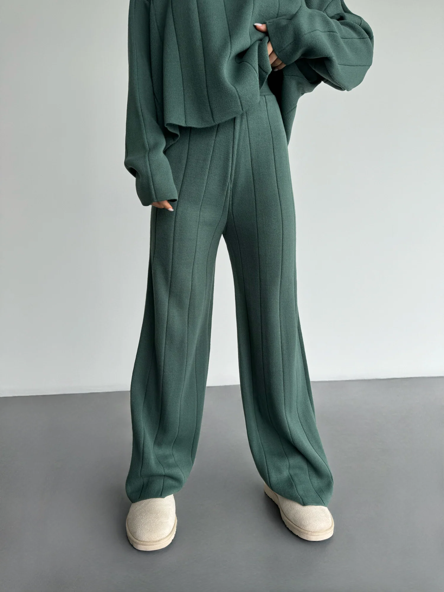Wide Leg Knit Textured Trousers - Petrol