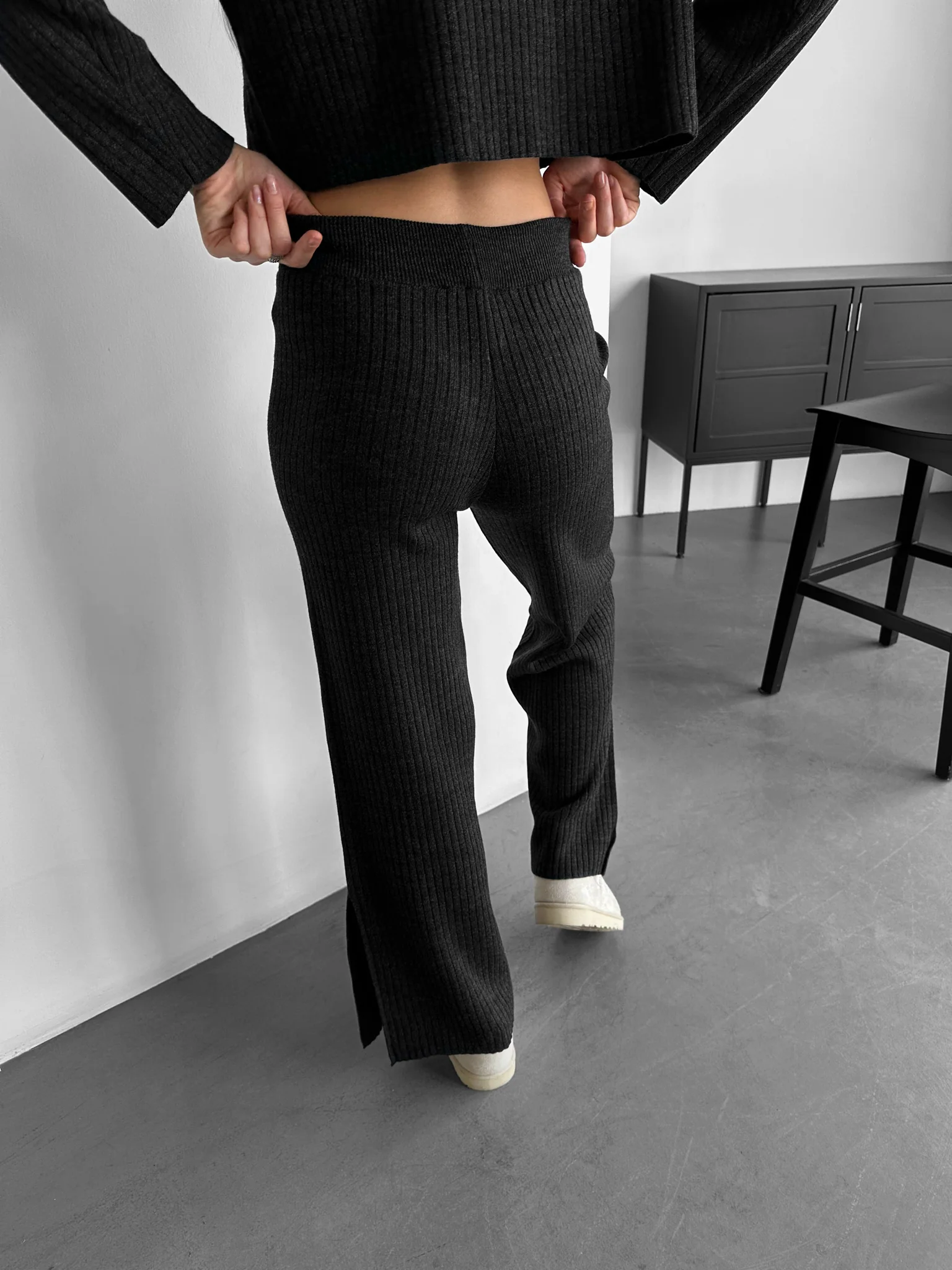 Wide Leg Knit Trousers - Anthracite - Image 2