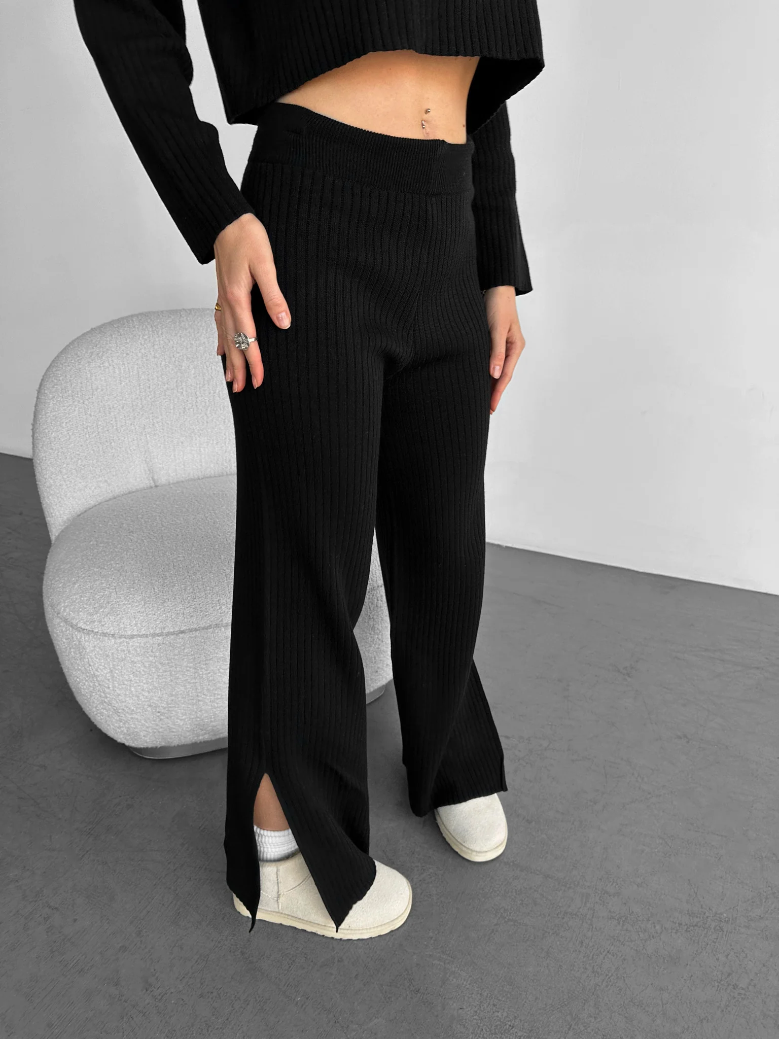 Wide Leg Knit Trousers - Black